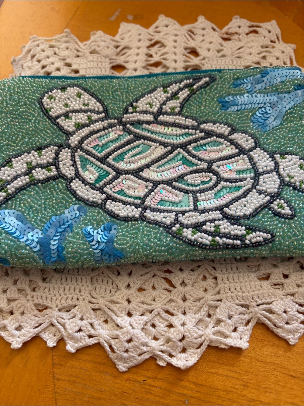 Beaded Sea Turtle Clutch Wallet - Aqua Green